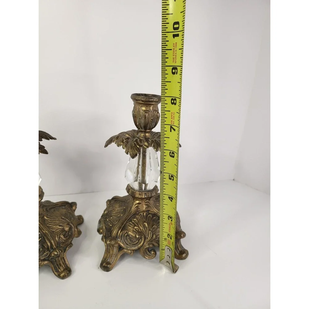 Vintage Ornate Brass and Faceted Crystal Taper Candle Holders Pair Rococo Style